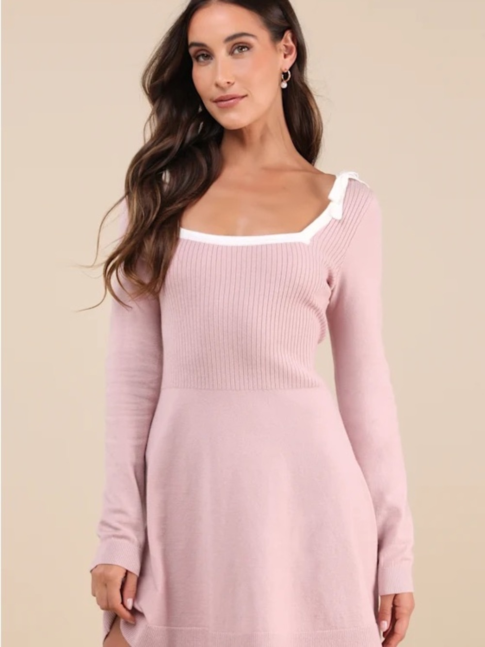 Lulu’s Perfect Outcome Mauve Pink Ribbed Sweater Dress with White Trim NWT